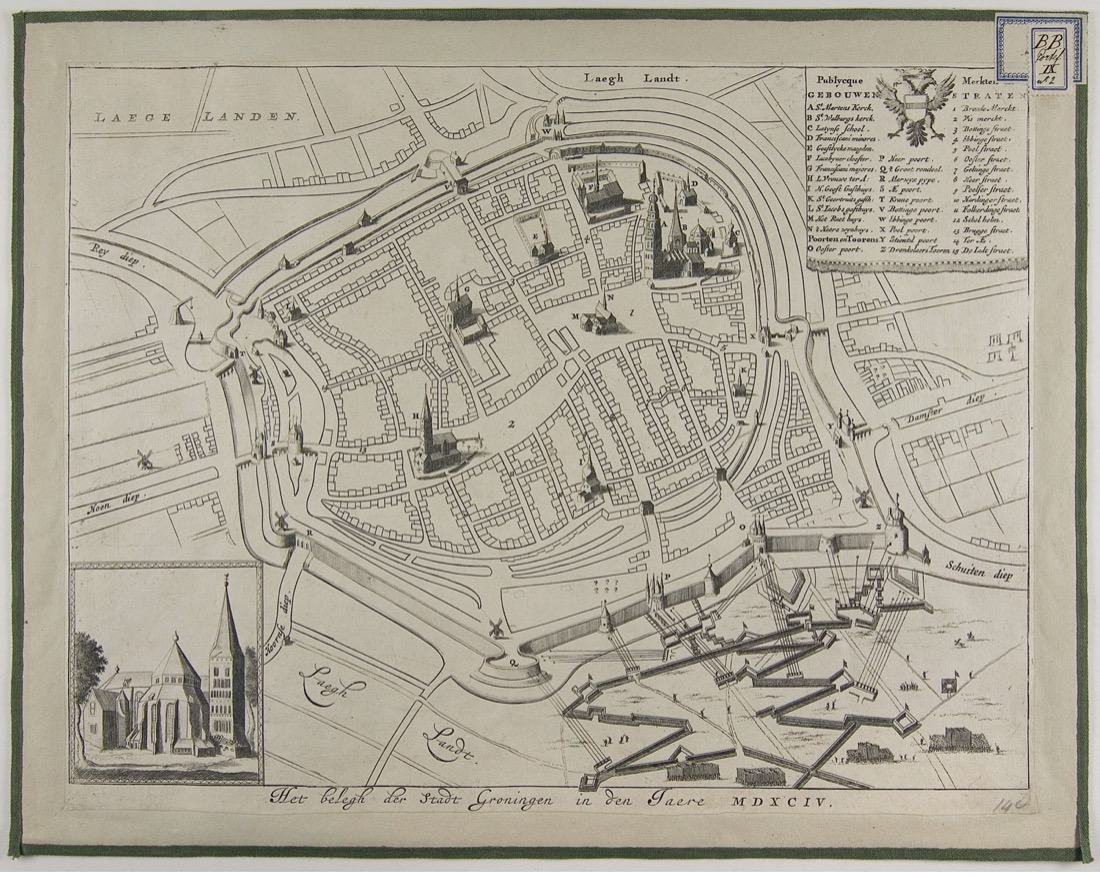 Detail van een kopergravure uit ca. 1630 over het beleg van Groningen in 1594. Linksonder apart afgebeeld is de Walburgkerk. UBG uklu 01-04-27