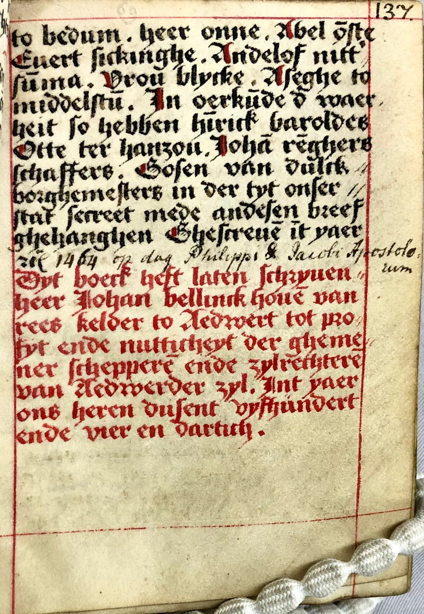 Colophon in the Cartularium van het Aduarderzijlvest [Register of the Aduard water district], 1534 (p. 137). UBG uklu HS ADD 302