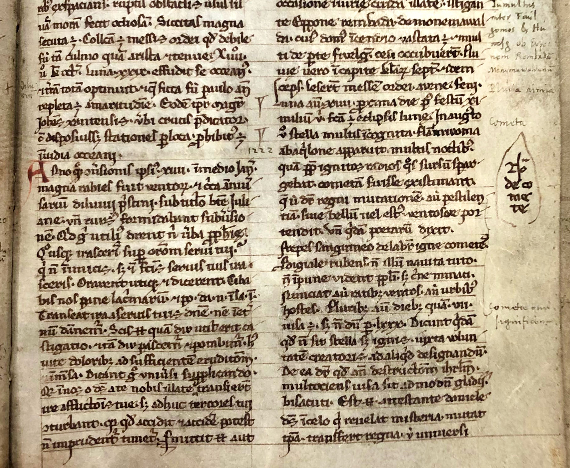 In the entries for the year 1222, Emo writes: “When the moon was 14 days old, on the day after the Feast of the 11,000 Virgins [22 October], there was a lunar eclipse. In August, for many nights, many people saw an unknown flame-throwing star in the North.” Alongside this entry, in the margin, Ubbo Emmius wrote: cometa. UBG HS 116, fol. 16r, col. 62