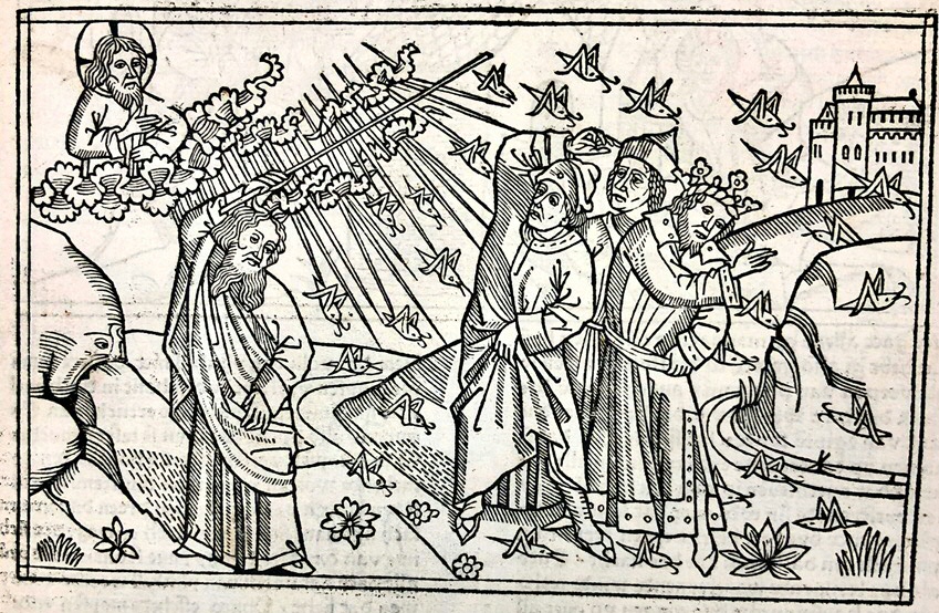 Cologne Bible, 1478. Wood-cut print of Exodus 10: the plague of locusts in Egypt. UBG INC 46