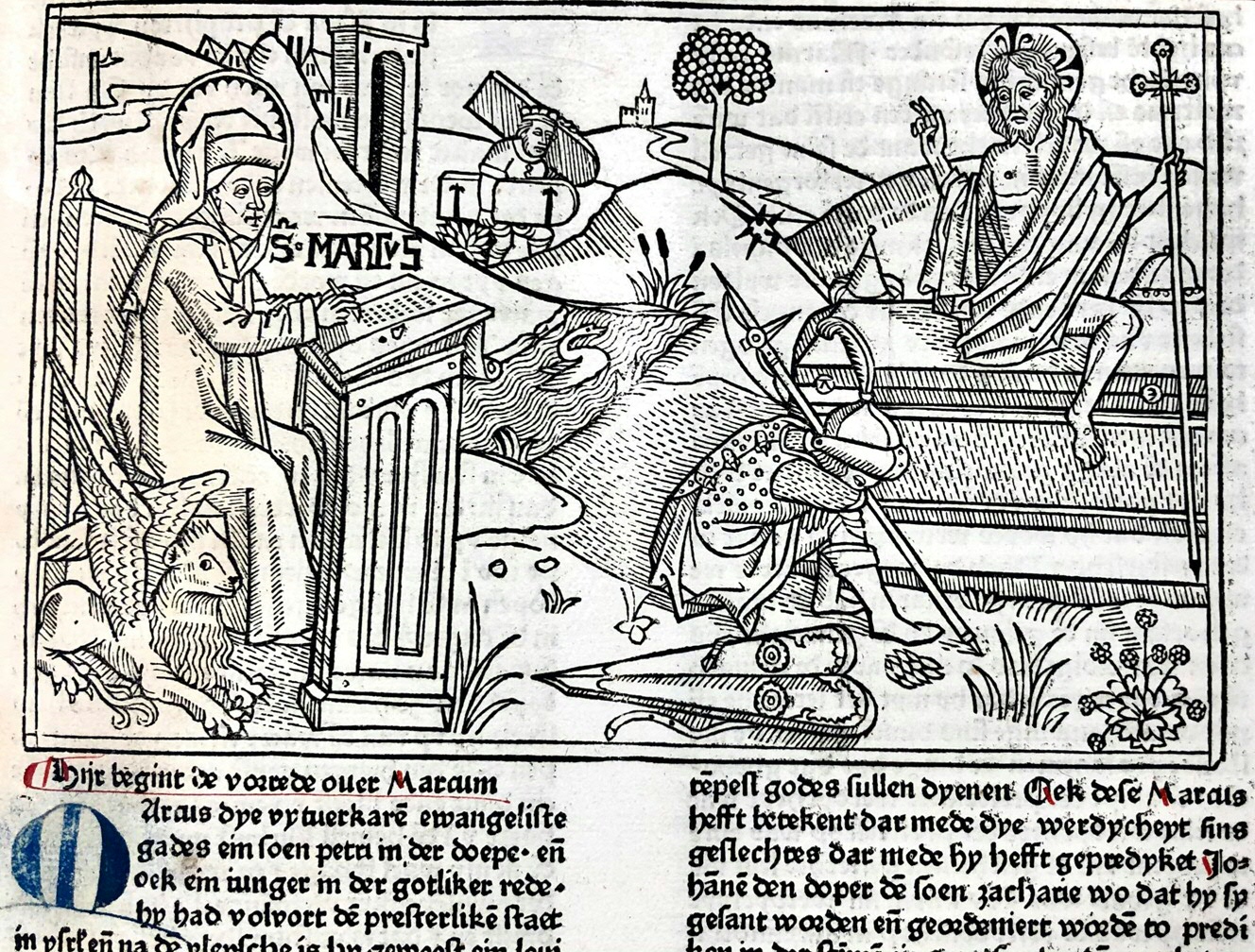 Cologne Bible, 1478. Wood-cut print at the beginning of the Gospel according to Mark. UBG INC 46