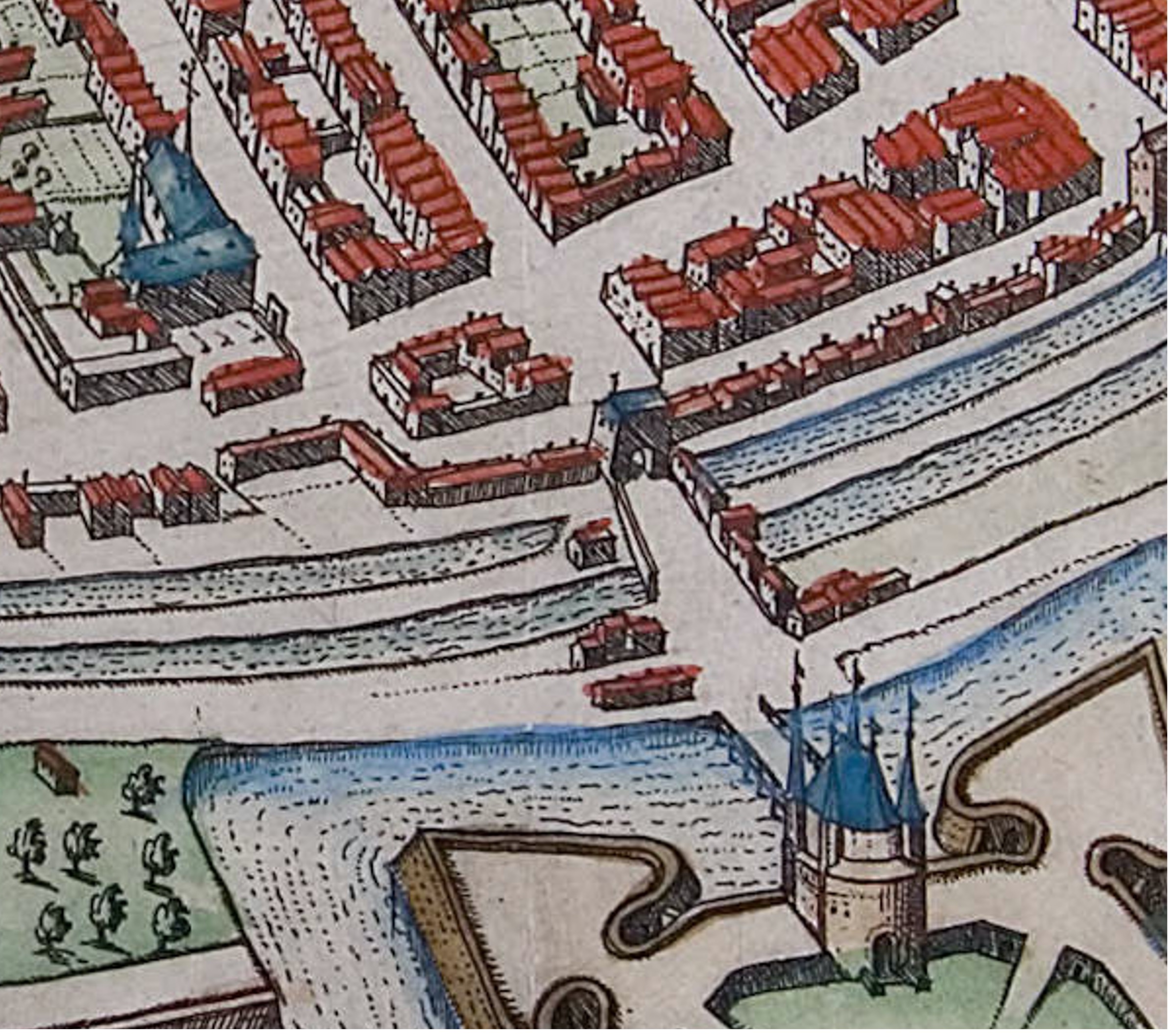Detail van een kaart van Groningen uit 1575. In het midden (klein) de Herepoort aan het Zuiderdiep. Meteen ten noordwesten daarvan de gebouwen waarvan één in 1589 het refugium van Yesse zou worden. UBG uklu 01-13-06