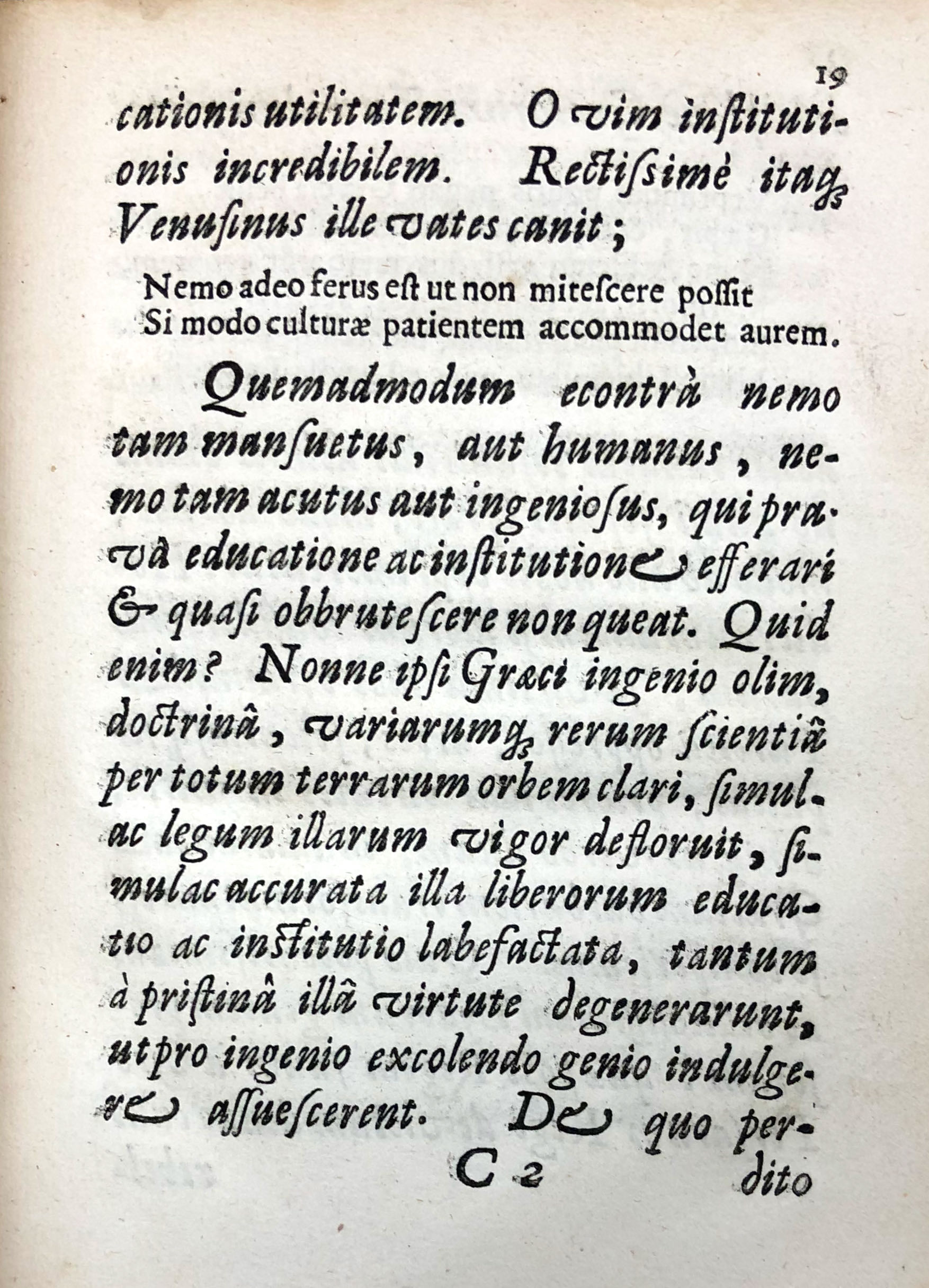 The non-italicized words in Johannes’ speech are a quotation from Horace.