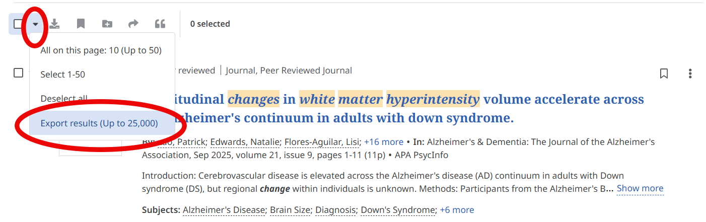 Screendump: klik links op het pijltje naar beneden, en kies Export results (up to 25.000)