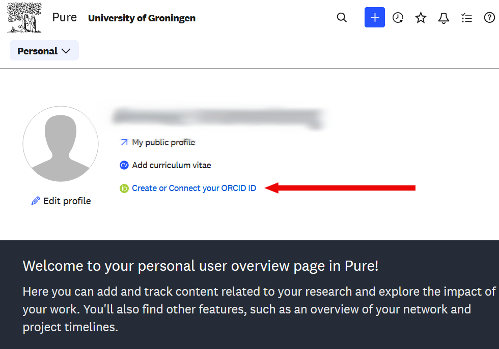 Screenshot Pure Profile page - click on the link Create or Connect your ORCID ID
