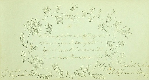 Inscriptie by M.H. Cramer von Baumgarten (fol. 24r) in the album from Maria Helena Broese (UBG uklu HANDS 214 T). Presumably, she was inspired by the inscription by Backer from 1832.