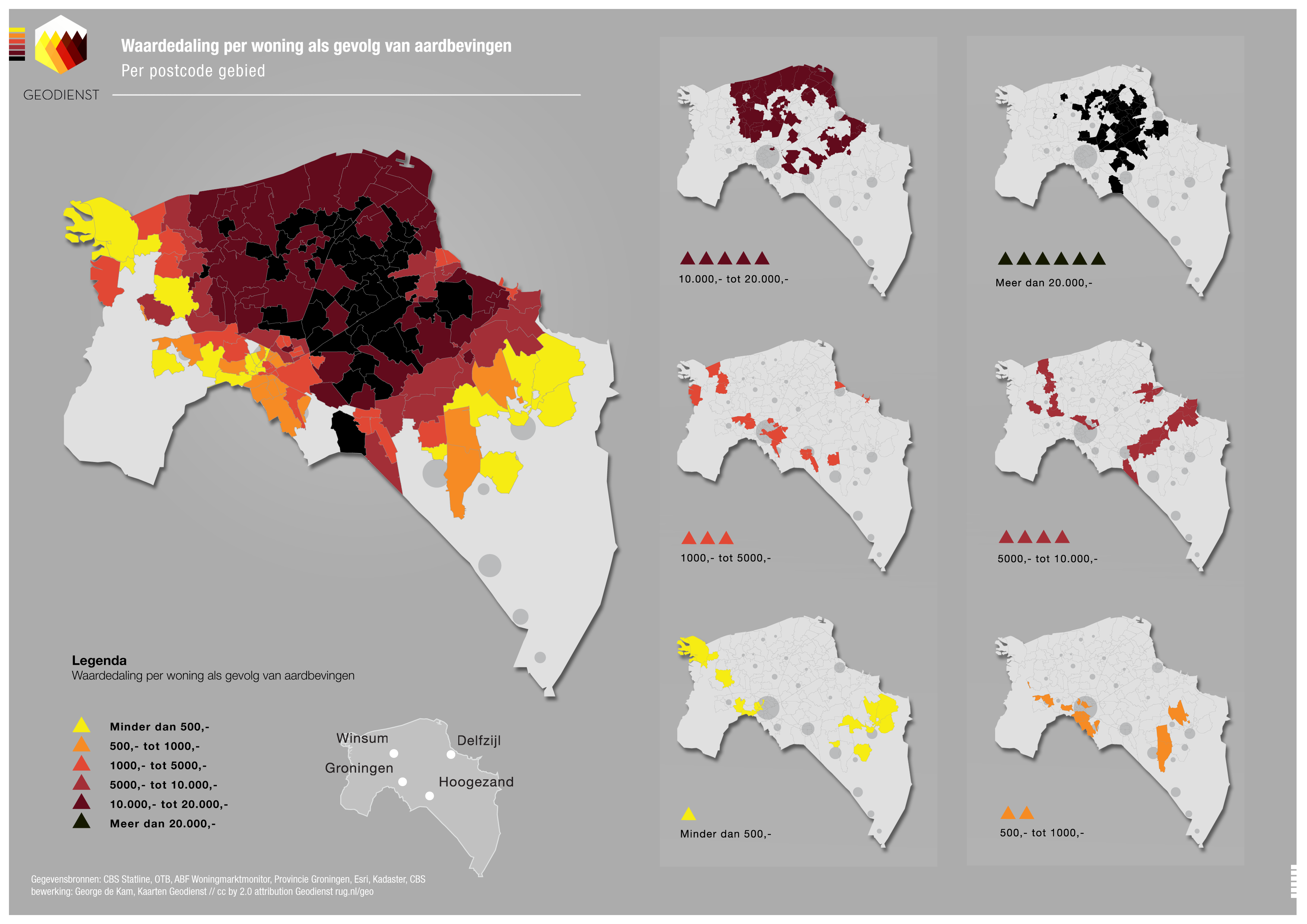 Kaart met waardedaling per woning als gevolg van aardbevingen