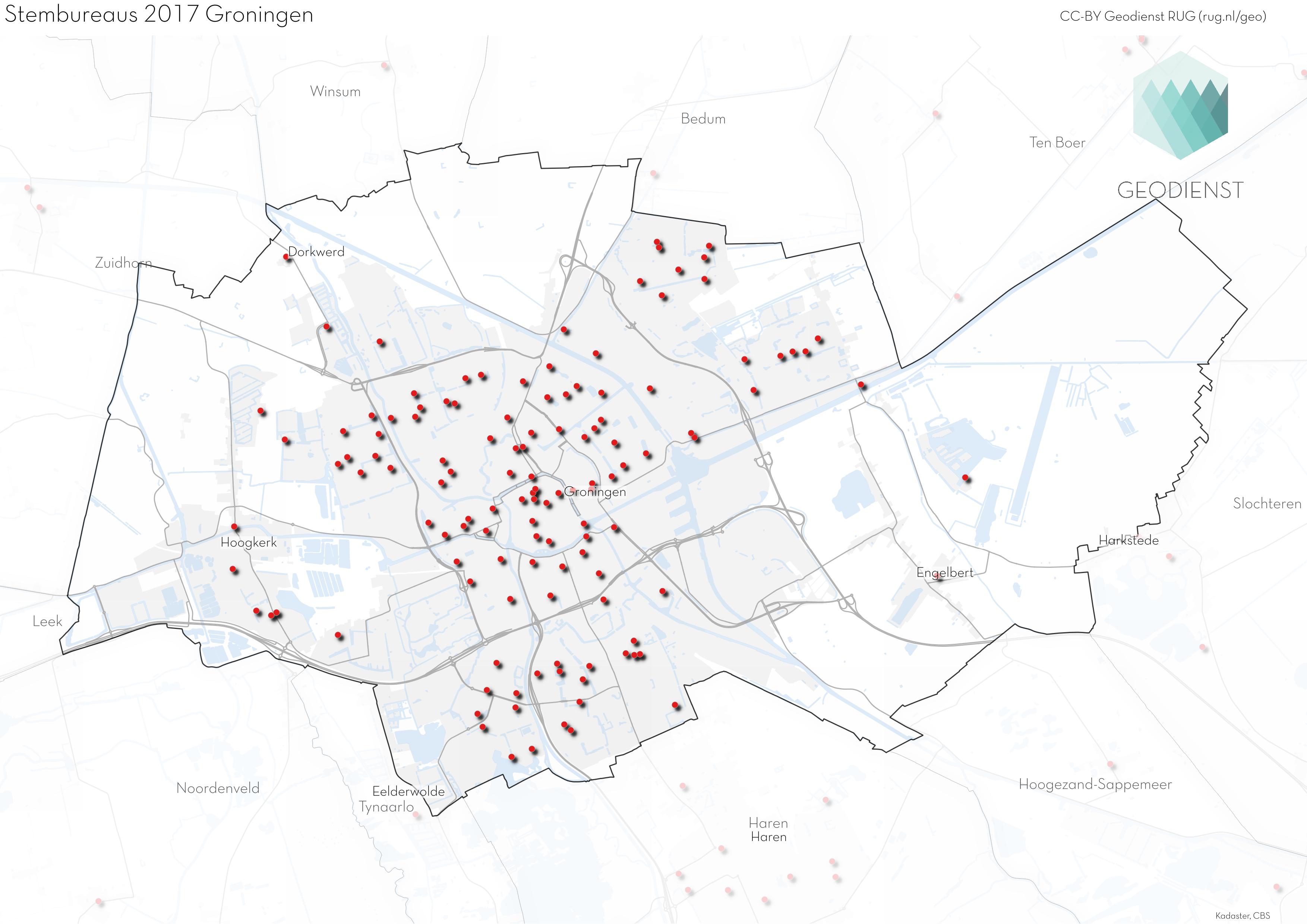 Kaart met stembureau's gemaakt door de Geodienst