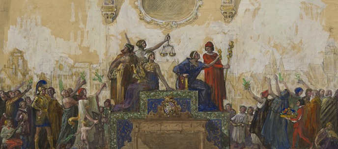 Schetsontwerp muurschildering aula Academiegebouw, door R. en O. Linnemann