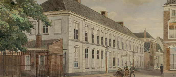 Aquarel van het Academisch Ziekenhuis aan de Munnekeholm in Groningen, door Bernardus Bueninck, 1903Watercoulour of the academic hospital, Munnekeholm Groningen, by Barend Bueninck, 1903