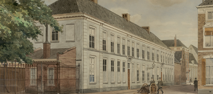 Aquarel van het Academisch Ziekenhuis aan de Munnekeholm in Groningen, door Bernardus Bueninck, 1903