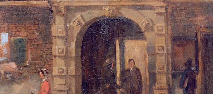 De academiepoort van het eerste academiegebouw uit 1614, schilderij door Jan Ensing, ca. 1840