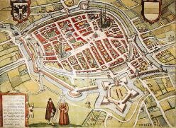 Kaart stad Groningen. Kopergravure uit 1575 met Alva's dwangburcht aan de zuidkant (G.Braun en F.Hogenberg)