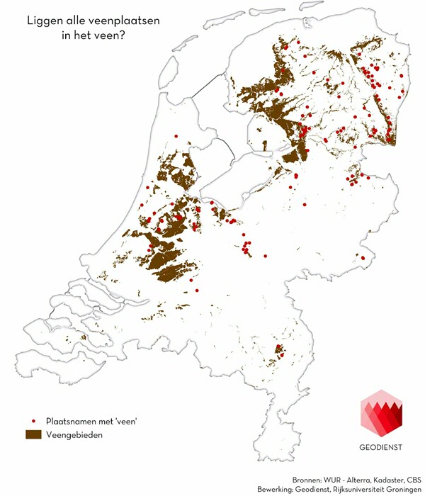 Veen places (places with veen in the name) and peat areas.