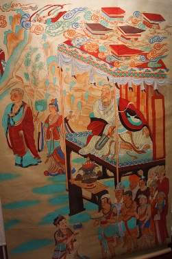 Vimalakīrti debates with Bodhisattva Mañjuśrī (scene from the Vimalakīrtinirdeśa. Dunhuang, Mogao Caves, China, Tang Dynasty)