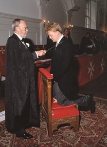 Accolade of the Prince of Orange as a Knight of Justice of the Dutch Order of saint John, by his grandfather ‘Land-commander’ Prince Bernhard, 1996