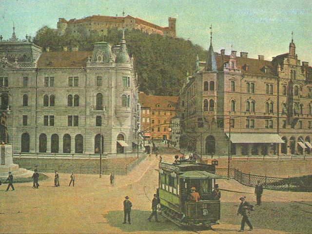 Postcard of Ljubljana, view from Prešeren Square to Ljubljana Castle