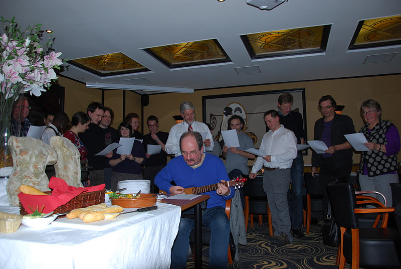 A tradition: George Welling composing and singing a personal song after a member of the CL group defends their thesis. What will we do now that he's retired?