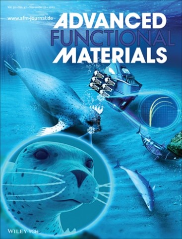 A picture of a seal hunting a fish, another picture of a seal head with whiskers visible on the cover of Advanced Functional Materials journal