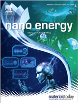 A robot looking like an Android or AI made with computer graphics and the icons of the main human senses, the robot is receiving the senses information, on the cover of Nano energy journal