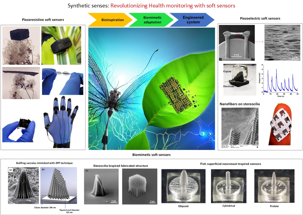 a complex image showing natural materials and scientific developments on piezoresistive soft sensors