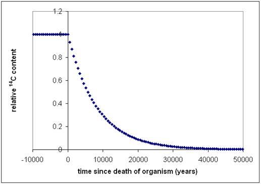 Figure 1: Theoretical relation between relative 14C content and age of an organism