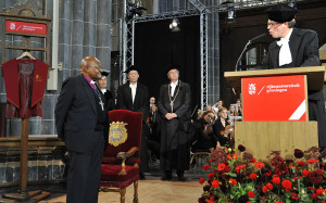 Archbishop Emeritus Desmond Tutu at the honorary doctorate ceremony on Monday as Prof dr Geurt-Henk van Kooten delivers the laudatio.