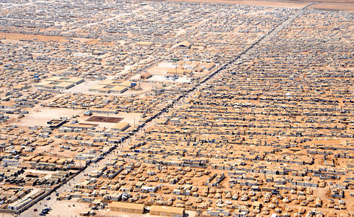 An aerial view of Za’atri Refugee Camp for Syrian Refugees in Jordan. Public Domain, obtained via Wikimedia