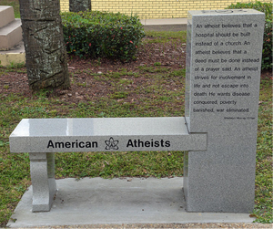 Bench put up by the organization American Atheists at Branford County, Florida courthouse