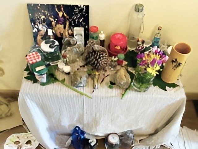 Altar of sacred and heart-felt objects brought, gathered and developed by participants during the &ldquo;Drinking from Three Rivers&rdquo; workshop for researchers.&nbsp;