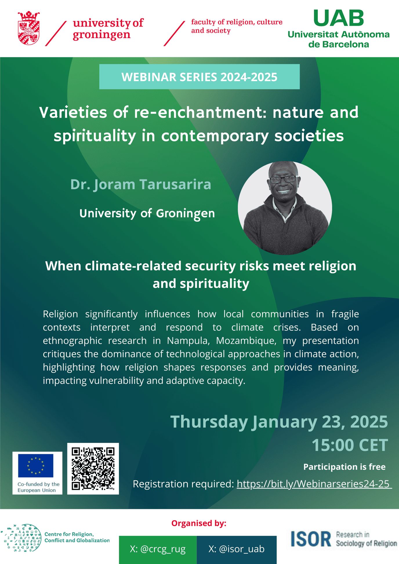 Poster for the 2024–2025 webinar Varieties of re-enchantment: nature and spirituality in contemporary societies