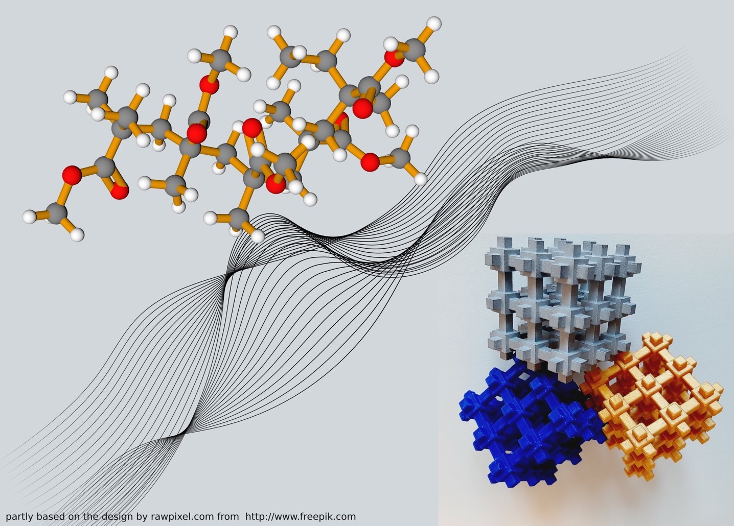 This project is aimed at understanding fundamental relations between the architecture of additively manufactured (AM) phononic materials (exemplified on the right) and the material properties of their constituent materials (illustrated on the left) to enable accurate predictions of dynamic properties (represented by waves along the diagonal).