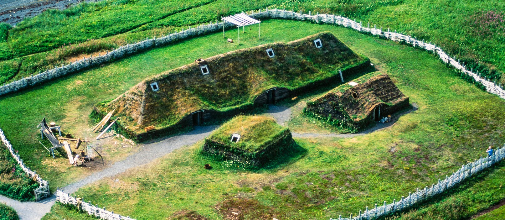 Reconstructed Viking-Age building adjacent to the site of L’Anse aux Meadows | image credit: Russ Heinl aerial photography