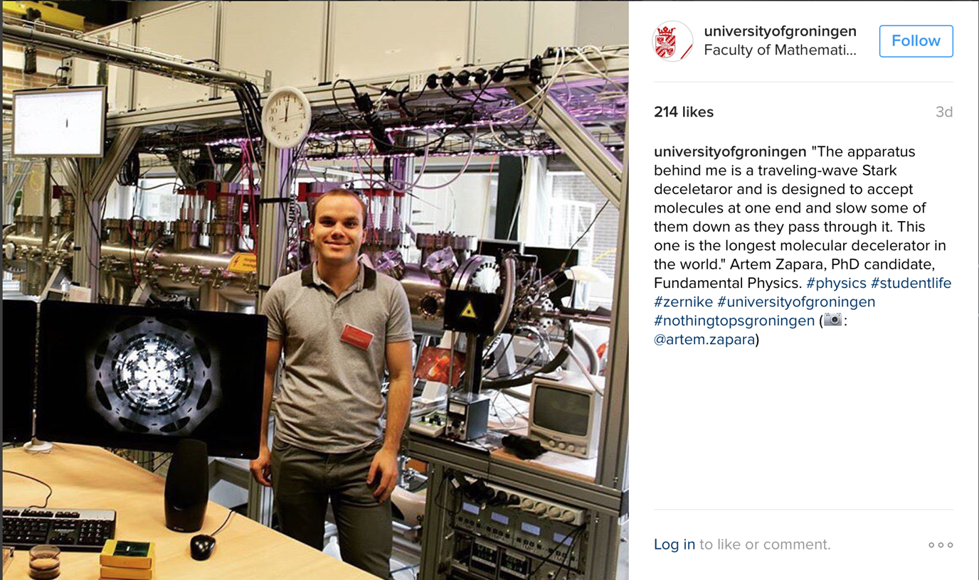 PhD student Artem Zapara is featured on the University of Groningen instagram feed