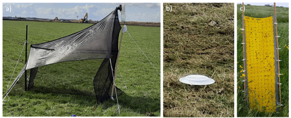 Various methods for collecting insects: a) malaise trap, b) pitfall trap, c) sticky trap (photo: Ruth Howison).