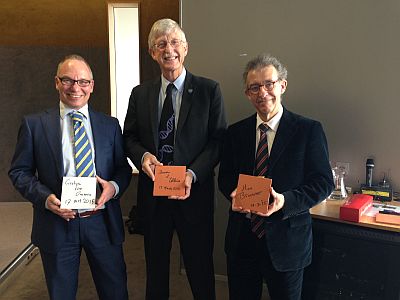 Hans Brunner (on left), Francis Collins and Gert-Jan van Ommen (on right) sporting the tiles for the ERIBA wall-of-fame