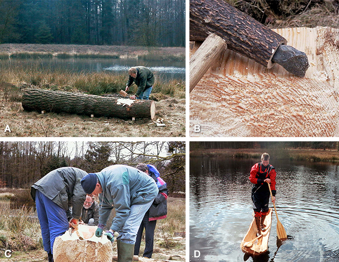 A. First, the removal of the bark of the Scots pine was started. © Drents Museum. B. One of the axes was used to chop up more than 17,000 times without a noticeable reduction in effectiveness. © Jaap Beuker. C. Three people were able to work simultaneously on three meters of tree trunk. © Drents Museum. D. To everyone's surprise, the canoe was stable enough to be even used paddling while standing. © Jaap Beuker.