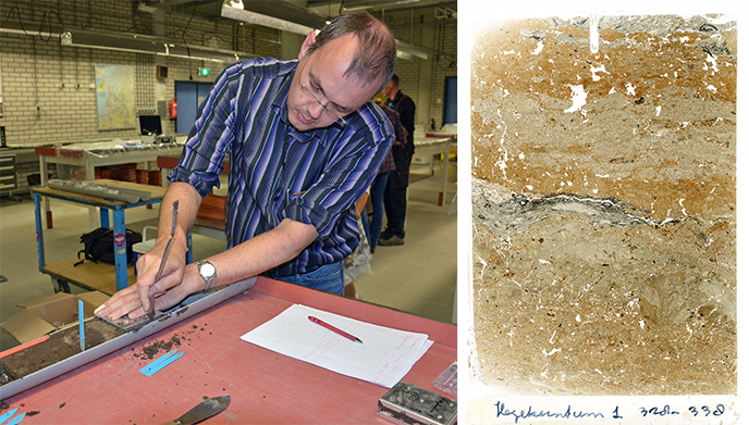 Left: Sampling one of the cores from the Hogebeintum terp site. Right: One of the tin sections from the Hogebeintum terp sites, containing stacked floor layers with ash deposits in between.