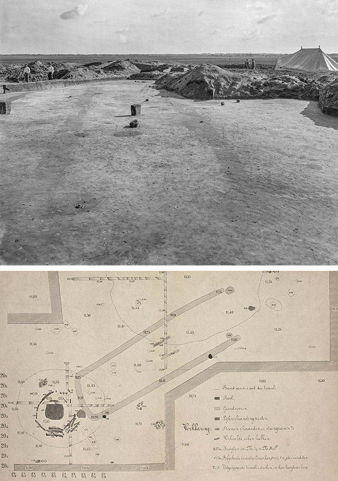 At the top the elongated barrow (towards the southwest). In the distance, the cross-wise placement of section over Tumulus I is still visible. To the right, the barrowed officers’ tent is visible. Bottom: Excavation plan of the barrow Tumulus 1 with its concentration of charred beams and paired ditches of the longbed barrow running towards it.