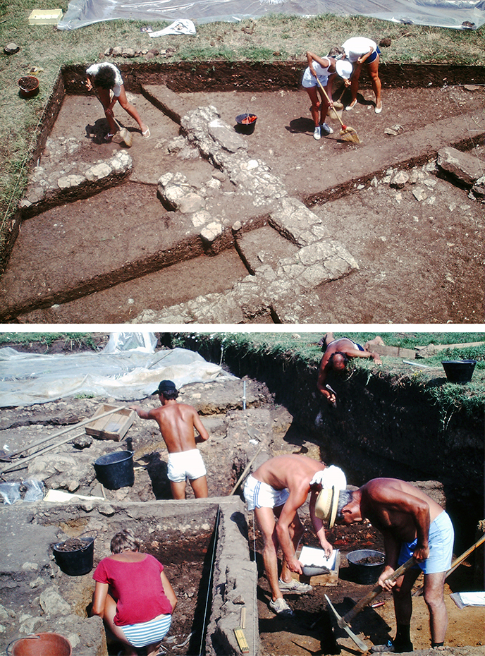 Students broom the surface of pit B11 (1985). The visible tuff walls once provided the foundation for the walls of an archaic house.
