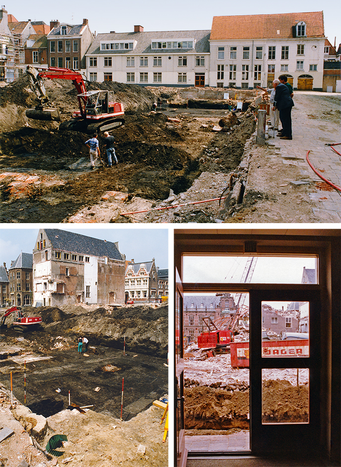 Op de foto's zijn de funderingen en grondverbeteringen uit de periode late middeleeuwen tot 20e eeuw zichtbaar en ook de contouren van mestkuilen uit ongeveer de 13e eeuw, alles recht voor de voordeur van het BAI, later GIA.