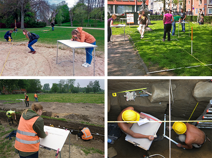 Boven: eerstejaars studenten archeologie volgen veldwerk practicum. Onder: studenten archeologie passen de geleerde technieken toe.