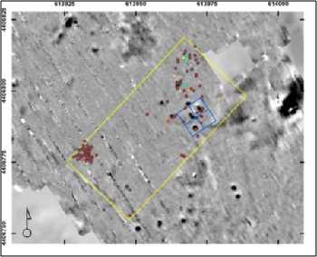 Fig. 2 Monte San Nicola – Geophysical anomalies. Survey area in yellow; excavation area in blue.