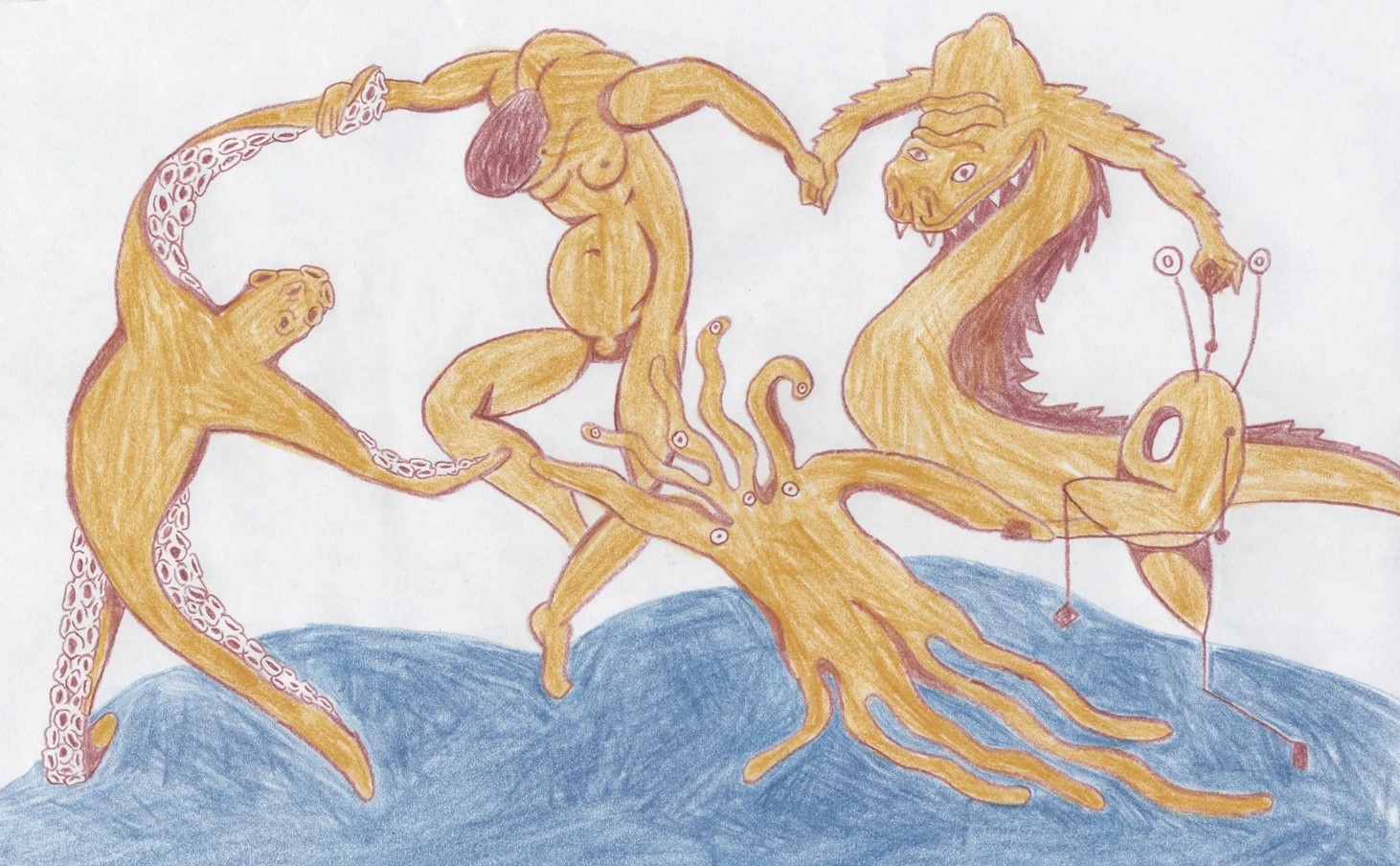 A pencil drawing shows a human and four fantastical creatures holding hands and dancing in a circle. They are all tan-colored and outlined in burgundy.