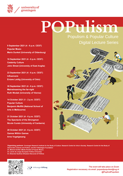 Pop and Populism poster. On the left is the programme. On the right is a drawing by Eva Vázquez. A black and white image of an ancient roman column lies in shards. Seven people are around it with tools, attempting to clean it up and/or repair it. The bottom of the poster contains information on the organizers.