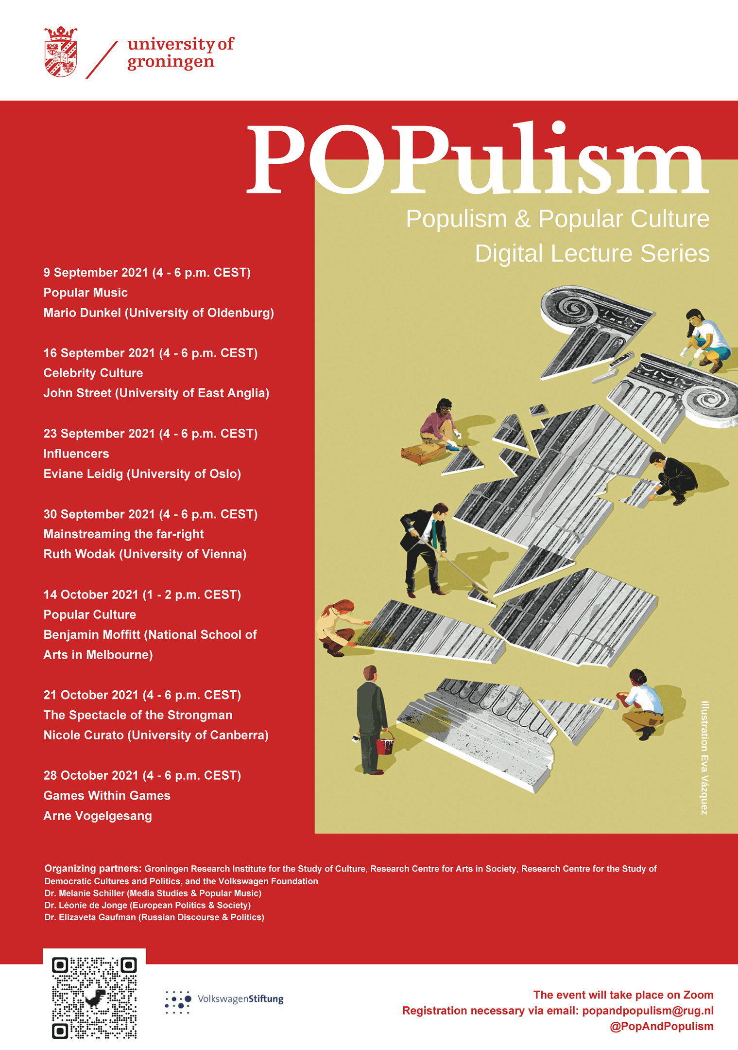 Pop and Populism poster. On the left is the programme. On the right is a drawing by Eva Vázquez. A black and white image of an ancient roman column lies in shards. Seven people are around it with tools, attempting to clean it up and/or repair it. The bottom of the poster contains information on the organizers.