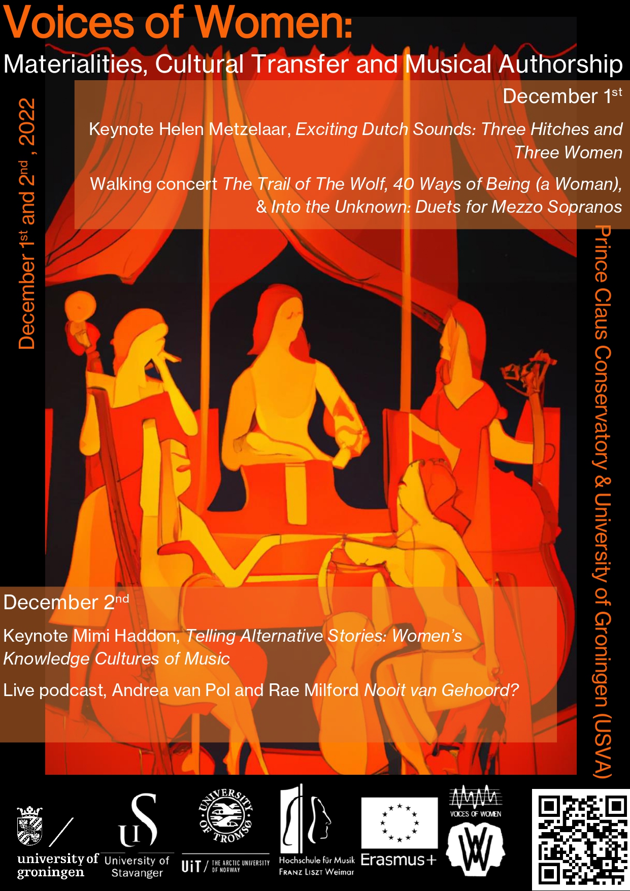 Programme overview over an orange-hued drawing of 5 women musicians.