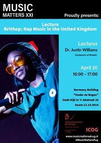 Music Matters XXI poster, containing information on the speaker, subject, and location. The poster includes an image of a young person wearing orange glasses and holding a microphone.