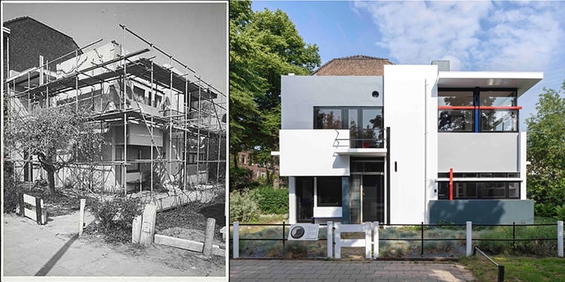 Left: A black and white photo of the Rietveld Schröder house surrounded by scaffolding. Right: A color photo of the Rietveld Schröver house. It is a white cubist building with black window frames and a few red and blue accents.