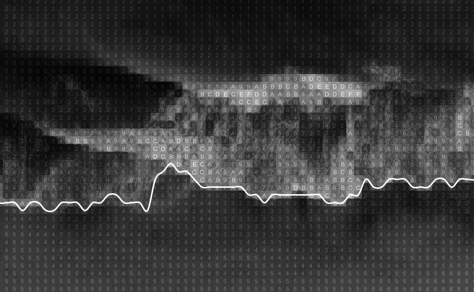 Black and white image of what may be a shadowy mountain range or cloud, overlaid with a grid of white numbers and letters, and a white graph line.